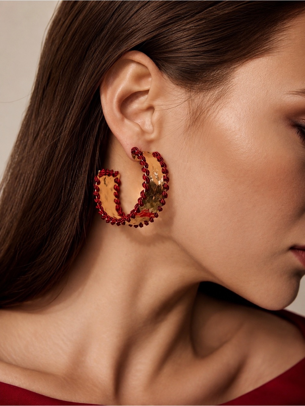 2/$30🌵 Red Wrapped Trim Thick Gold Hoops Earrings Boho Statement Bold Jewelry